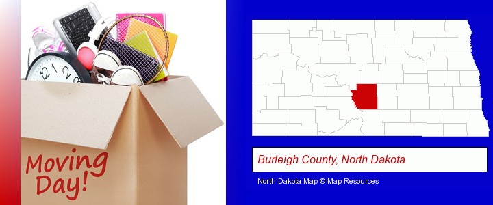 moving day; Burleigh County, North Dakota highlighted in red on a map