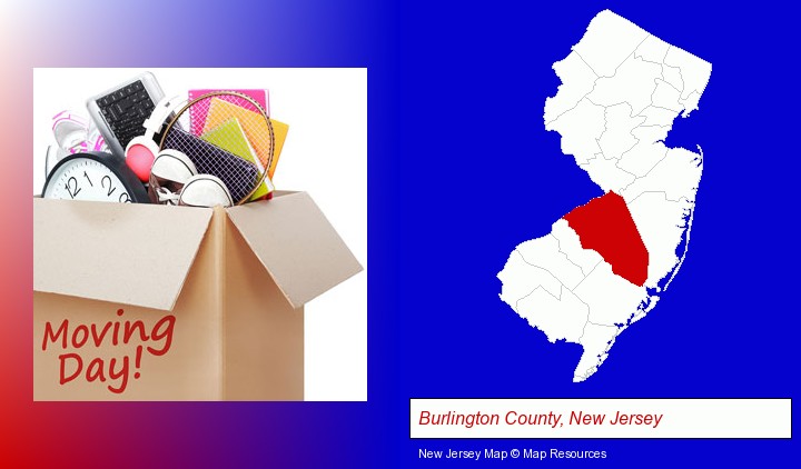 moving day; Burlington County, New Jersey highlighted in red on a map