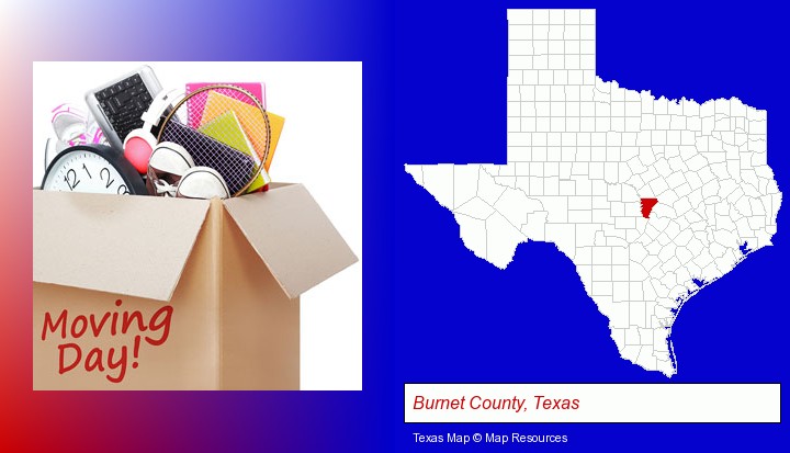 moving day; Burnet County, Texas highlighted in red on a map