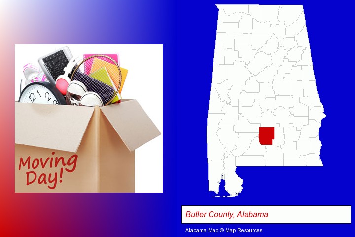 moving day; Butler County, Alabama highlighted in red on a map