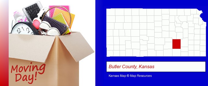 moving day; Butler County, Kansas highlighted in red on a map