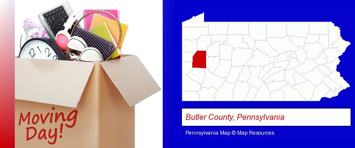 moving day; Butler County, Pennsylvania highlighted in red on a map
