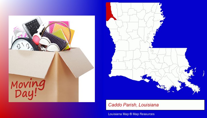 moving day; Caddo Parish, Louisiana highlighted in red on a map