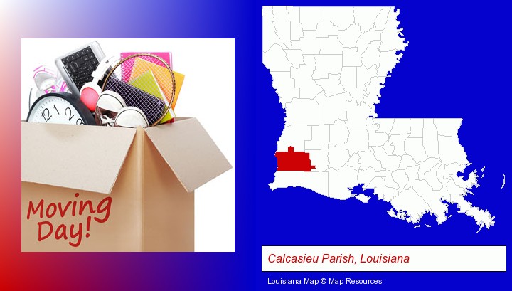 moving day; Calcasieu Parish, Louisiana highlighted in red on a map