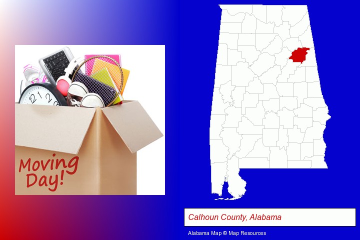 moving day; Calhoun County, Alabama highlighted in red on a map