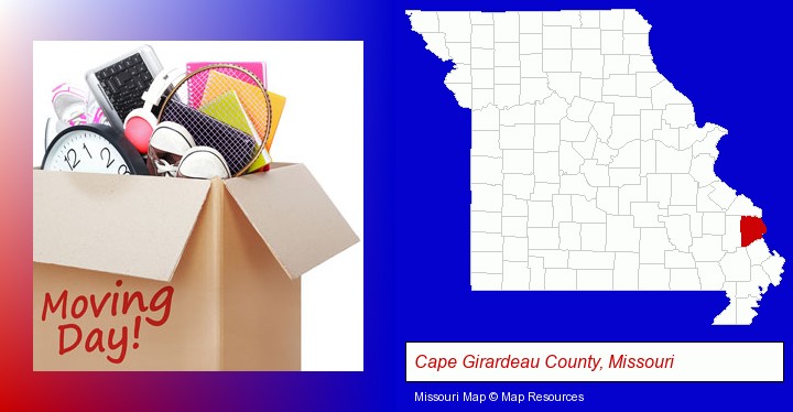 moving day; Cape Girardeau County, Missouri highlighted in red on a map