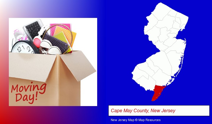 moving day; Cape May County, New Jersey highlighted in red on a map