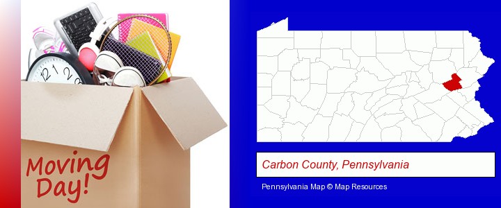 moving day; Carbon County, Pennsylvania highlighted in red on a map
