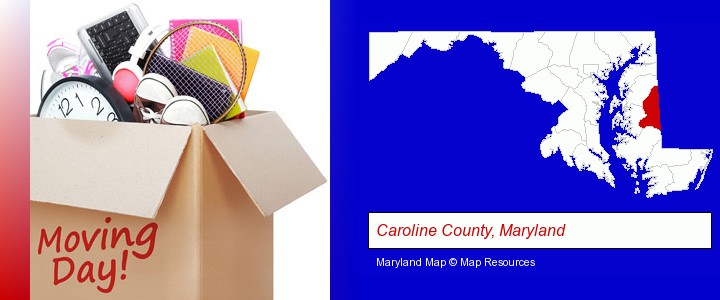 moving day; Caroline County, Maryland highlighted in red on a map