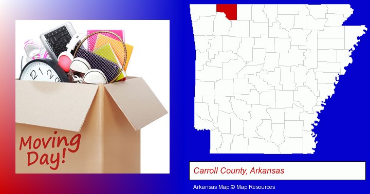 moving day; Carroll County, Arkansas highlighted in red on a map