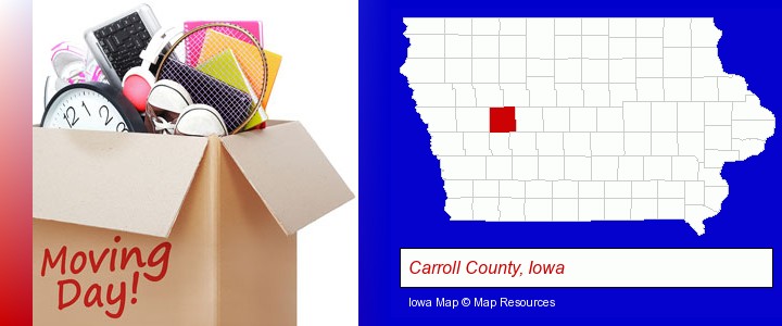 moving day; Carroll County, Iowa highlighted in red on a map