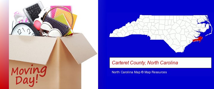 moving day; Carteret County, North Carolina highlighted in red on a map