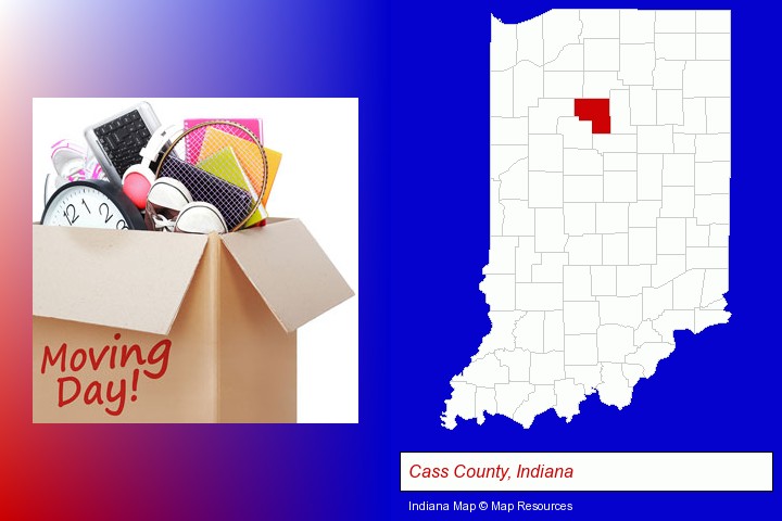 moving day; Cass County, Indiana highlighted in red on a map
