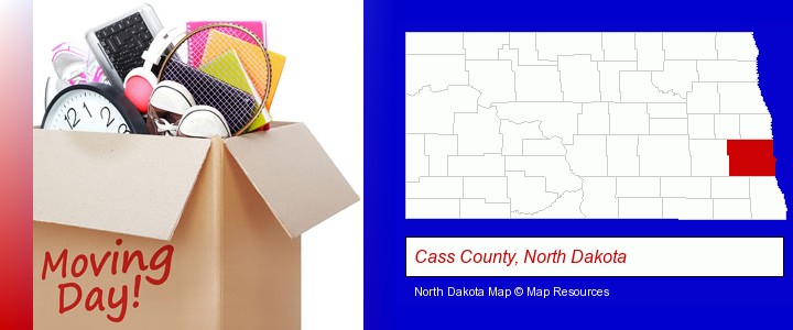 moving day; Cass County, North Dakota highlighted in red on a map