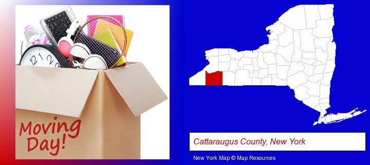 moving day; Cattaraugus County, New York highlighted in red on a map