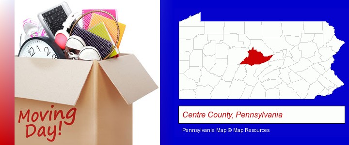 moving day; Centre County, Pennsylvania highlighted in red on a map