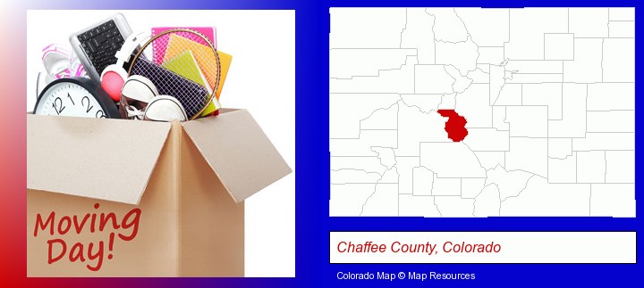 moving day; Chaffee County, Colorado highlighted in red on a map