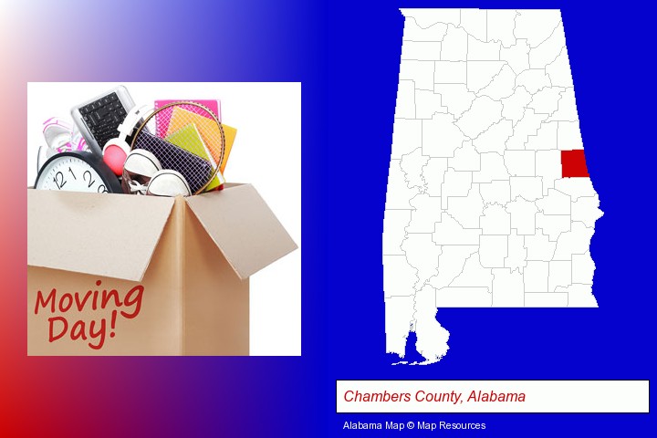 moving day; Chambers County, Alabama highlighted in red on a map