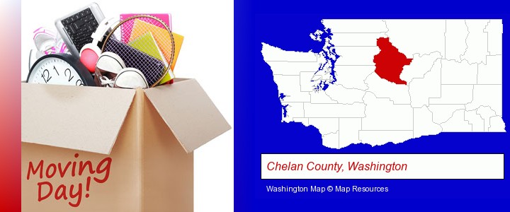 moving day; Chelan County, Washington highlighted in red on a map