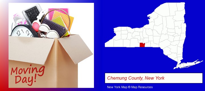 moving day; Chemung County, New York highlighted in red on a map