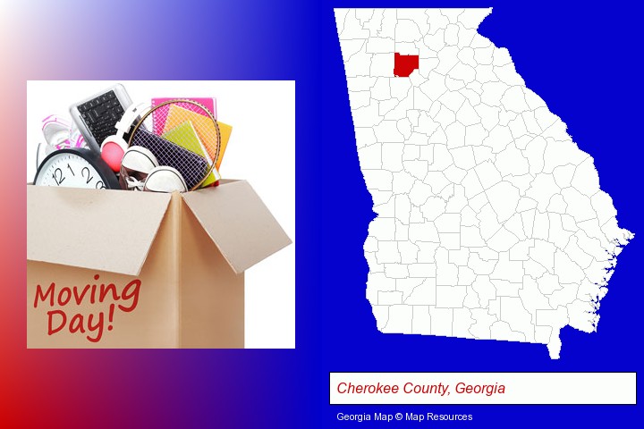 moving day; Cherokee County, Georgia highlighted in red on a map