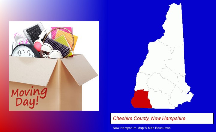 moving day; Cheshire County, New Hampshire highlighted in red on a map