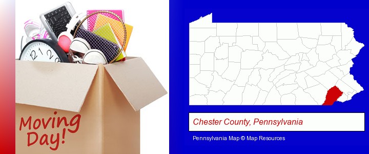 moving day; Chester County, Pennsylvania highlighted in red on a map