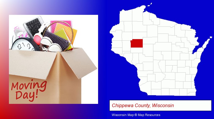 moving day; Chippewa County, Wisconsin highlighted in red on a map