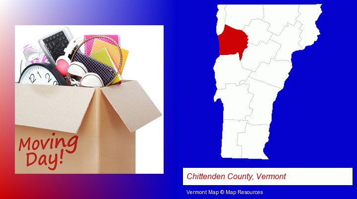 moving day; Chittenden County, Vermont highlighted in red on a map
