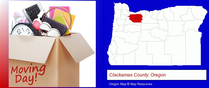 moving day; Clackamas County, Oregon highlighted in red on a map