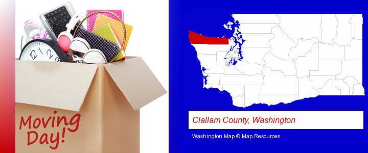 moving day; Clallam County, Washington highlighted in red on a map