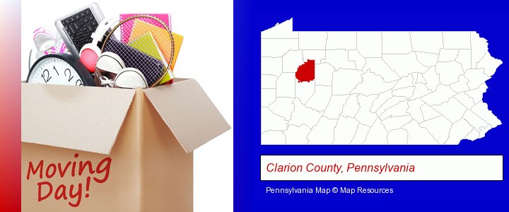 moving day; Clarion County, Pennsylvania highlighted in red on a map