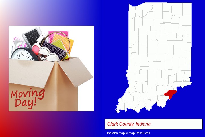moving day; Clark County, Indiana highlighted in red on a map