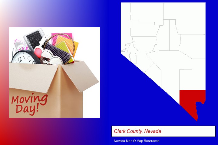 moving day; Clark County, Nevada highlighted in red on a map