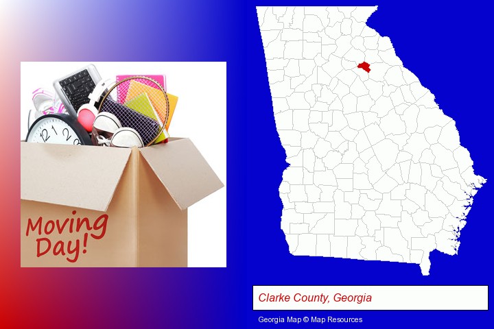 moving day; Clarke County, Georgia highlighted in red on a map
