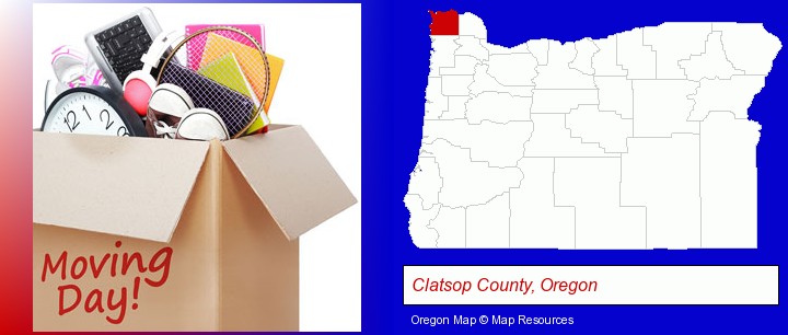 moving day; Clatsop County, Oregon highlighted in red on a map