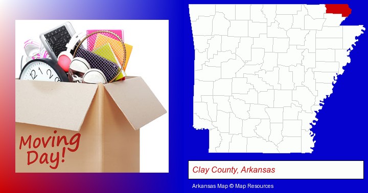 moving day; Clay County, Arkansas highlighted in red on a map