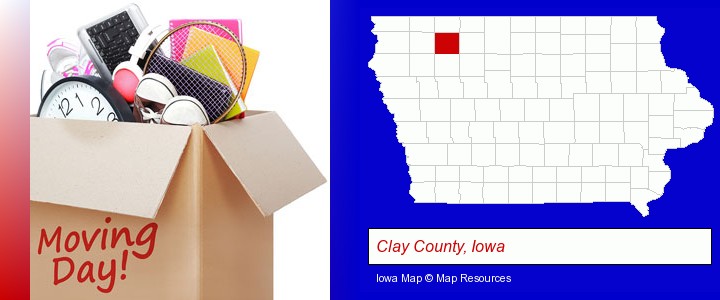 moving day; Clay County, Iowa highlighted in red on a map
