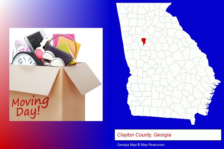 moving day; Clayton County, Georgia highlighted in red on a map