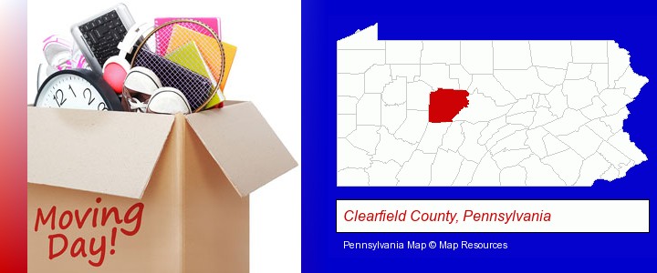 moving day; Clearfield County, Pennsylvania highlighted in red on a map