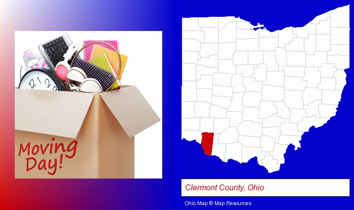 moving day; Clermont County, Ohio highlighted in red on a map