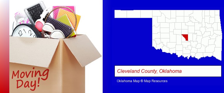 moving day; Cleveland County, Oklahoma highlighted in red on a map