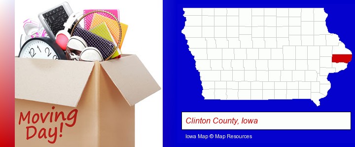 moving day; Clinton County, Iowa highlighted in red on a map