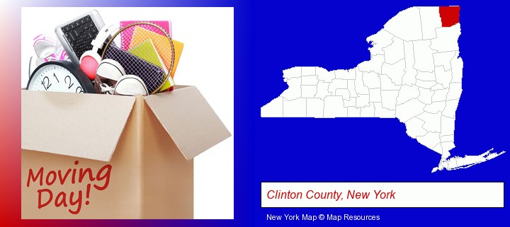 moving day; Clinton County, New York highlighted in red on a map