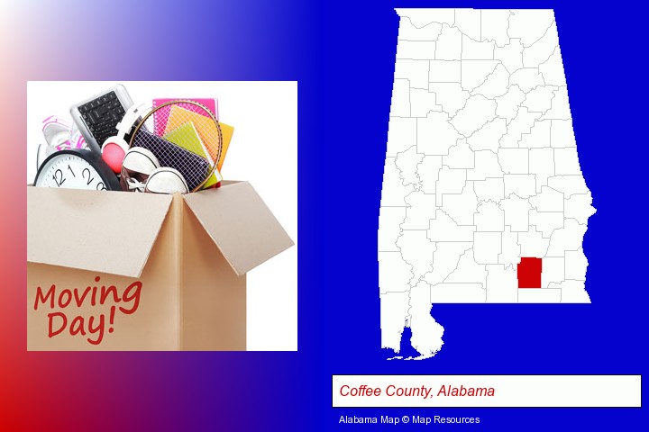 moving day; Coffee County, Alabama highlighted in red on a map