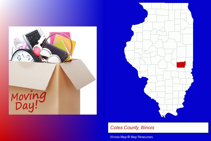 moving day; Coles County, Illinois highlighted in red on a map