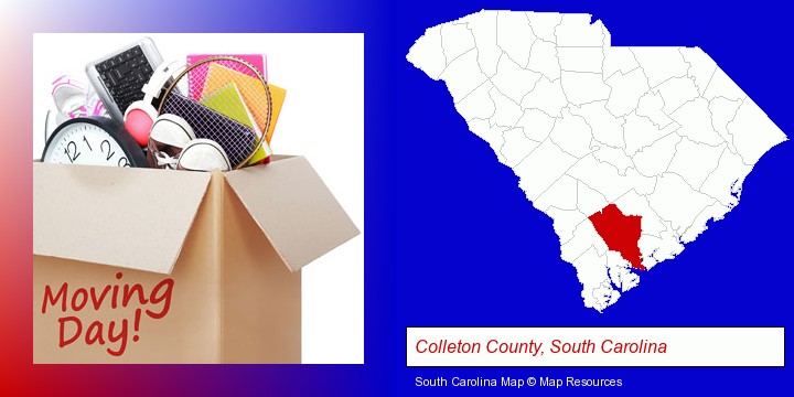 moving day; Colleton County, South Carolina highlighted in red on a map