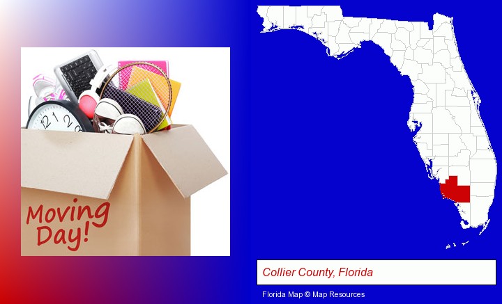 moving day; Collier County, Florida highlighted in red on a map