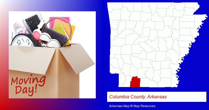 moving day; Columbia County, Arkansas highlighted in red on a map