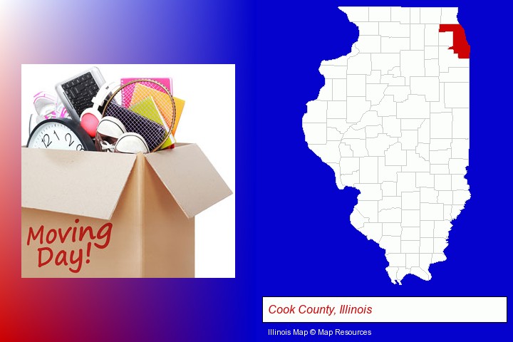 moving day; Cook County, Illinois highlighted in red on a map